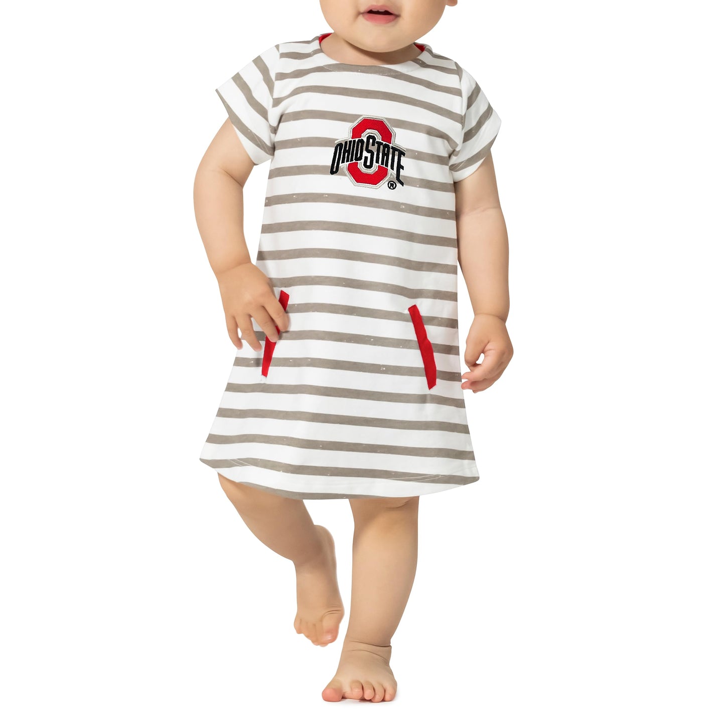 Little King NCAA Infant Girls Short Sleeve Striped Dress-French Terry with Embroidered Team Logo