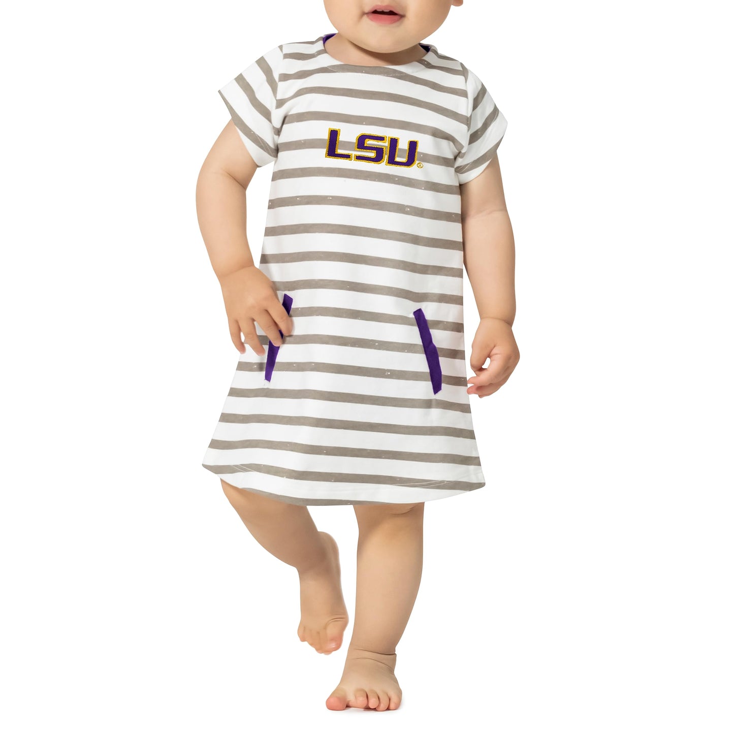 Little King NCAA Infant Girls Short Sleeve Striped Dress-French Terry with Embroidered Team Logo