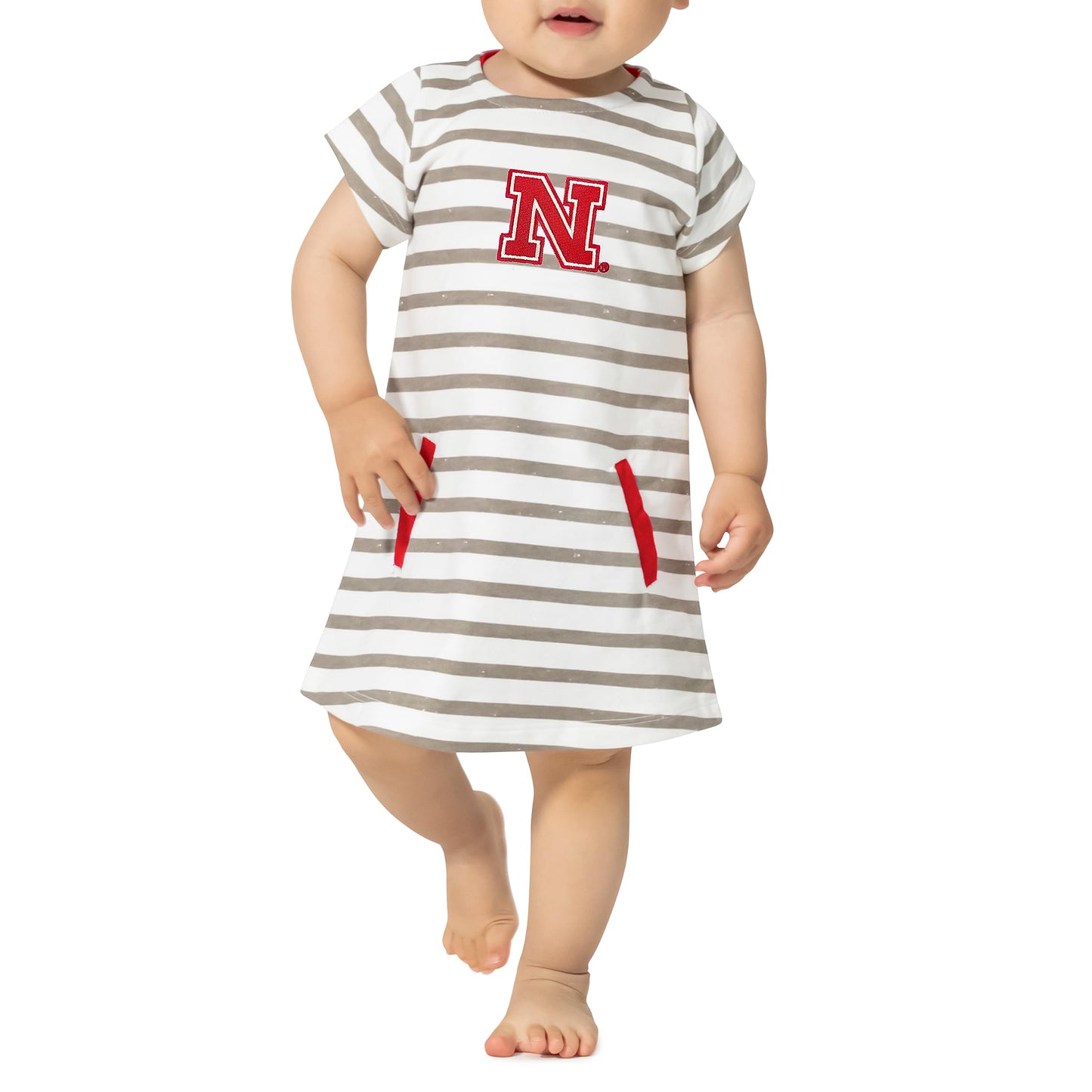 Little King NCAA Infant Girls Short Sleeve Striped Dress-French Terry with Embroidered Team Logo