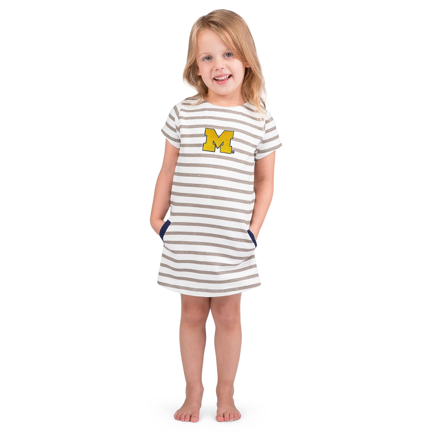 Little King NCAA Toddler Girls Short Sleeve Striped Dress-French Terry with Embroidered Team Logo