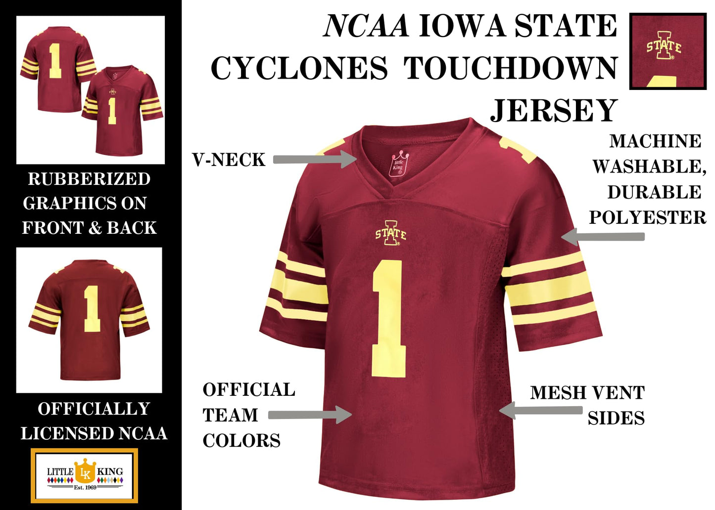 Little King NCAA -Touchdown Pass-Youth Teen Boys Team Football Jersey-Iowa State Cyclones-Cardinal #1-Youth XL