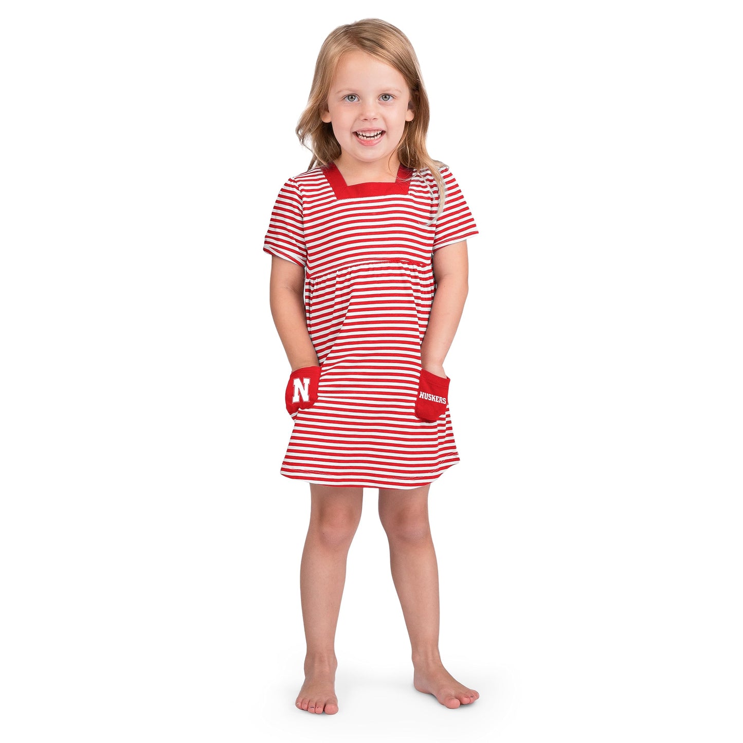 Little King NCAA Toddler Girls Short Sleeve Striped Dress with Pockets-100% Cotton