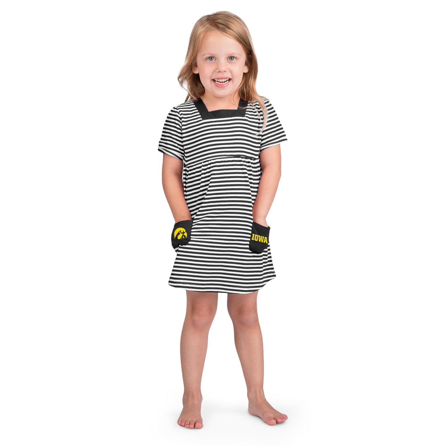 Little King NCAA Toddler Girls Short Sleeve Striped Dress with Pockets-100% Cotton