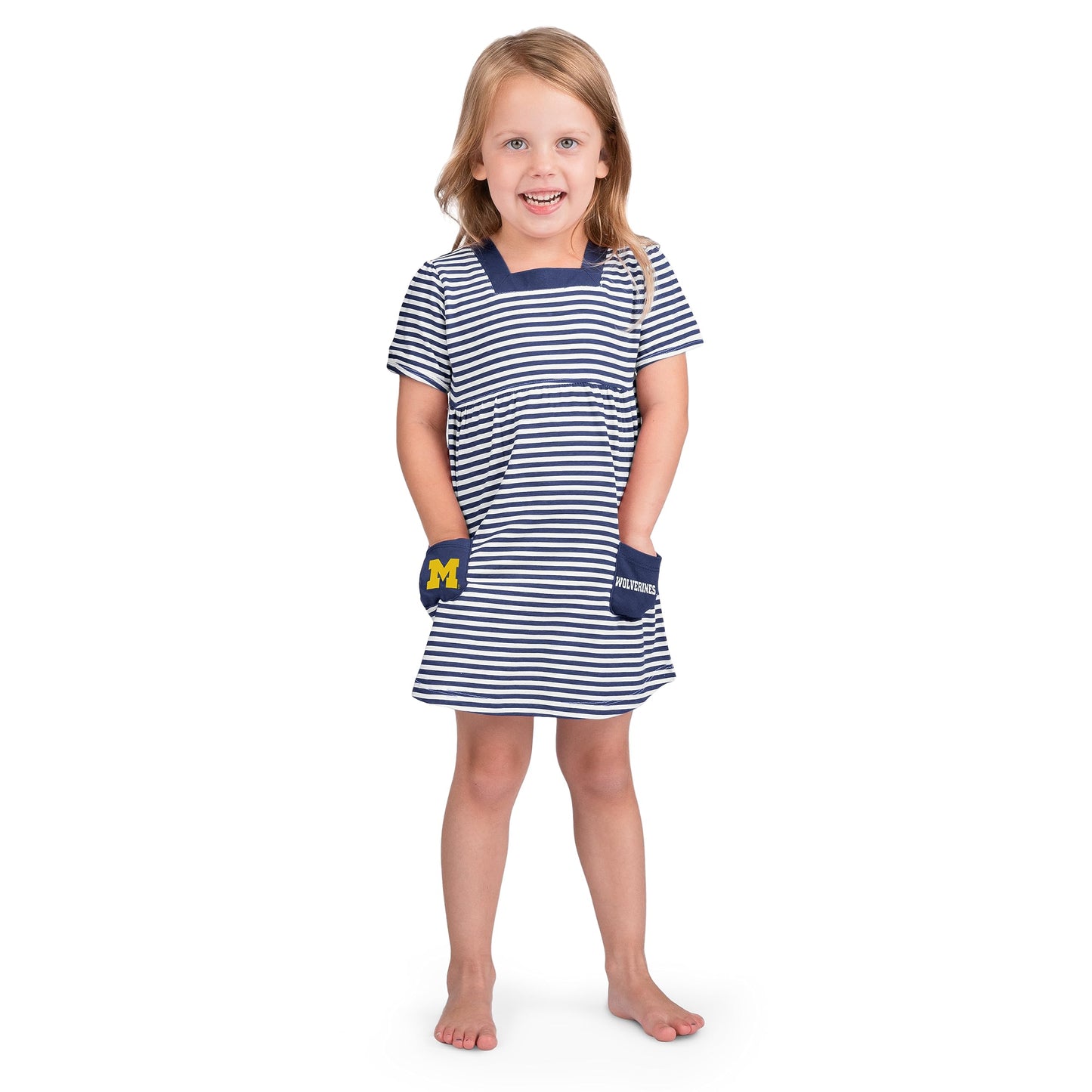 Little King NCAA Toddler Girls Short Sleeve Striped Dress with Pockets-100% Cotton