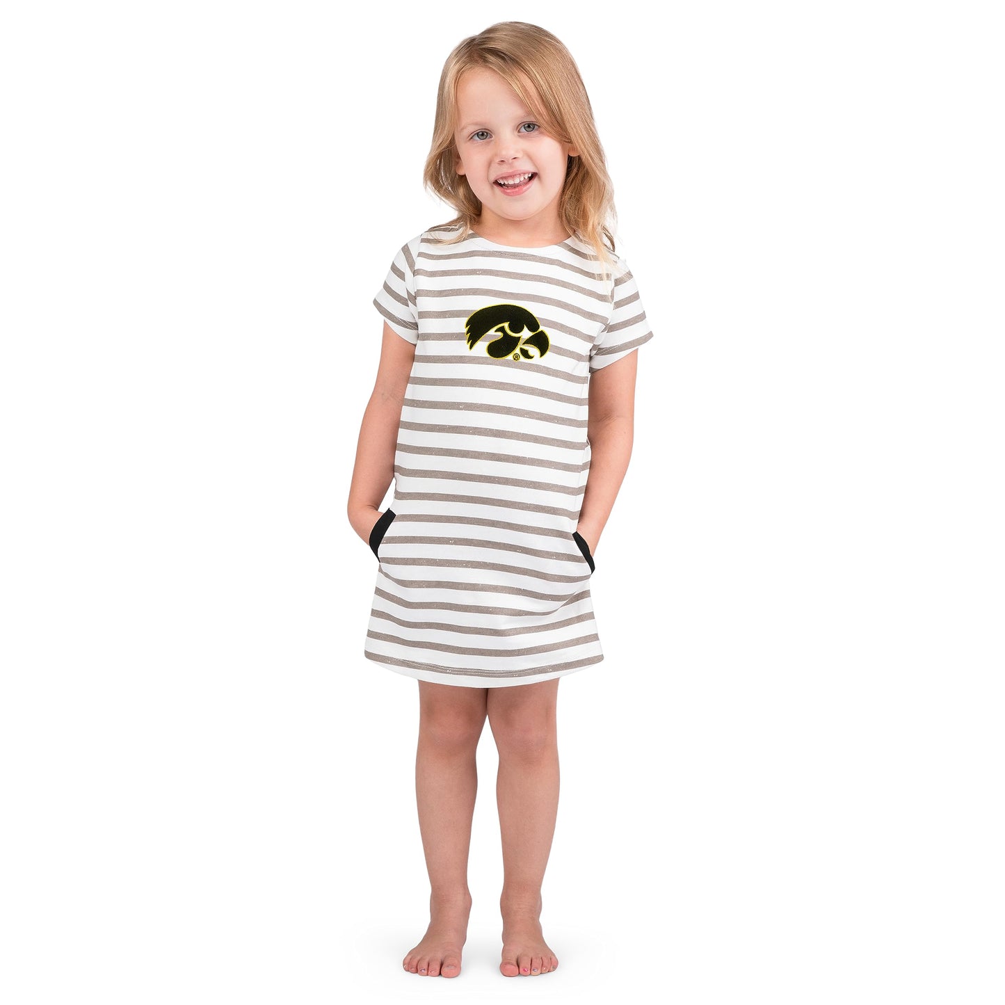 Little King NCAA Toddler Girls Short Sleeve Striped Dress-French Terry with Embroidered Team Logo