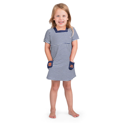 Little King NCAA Toddler Girls Short Sleeve Striped Dress with Pockets-100% Cotton