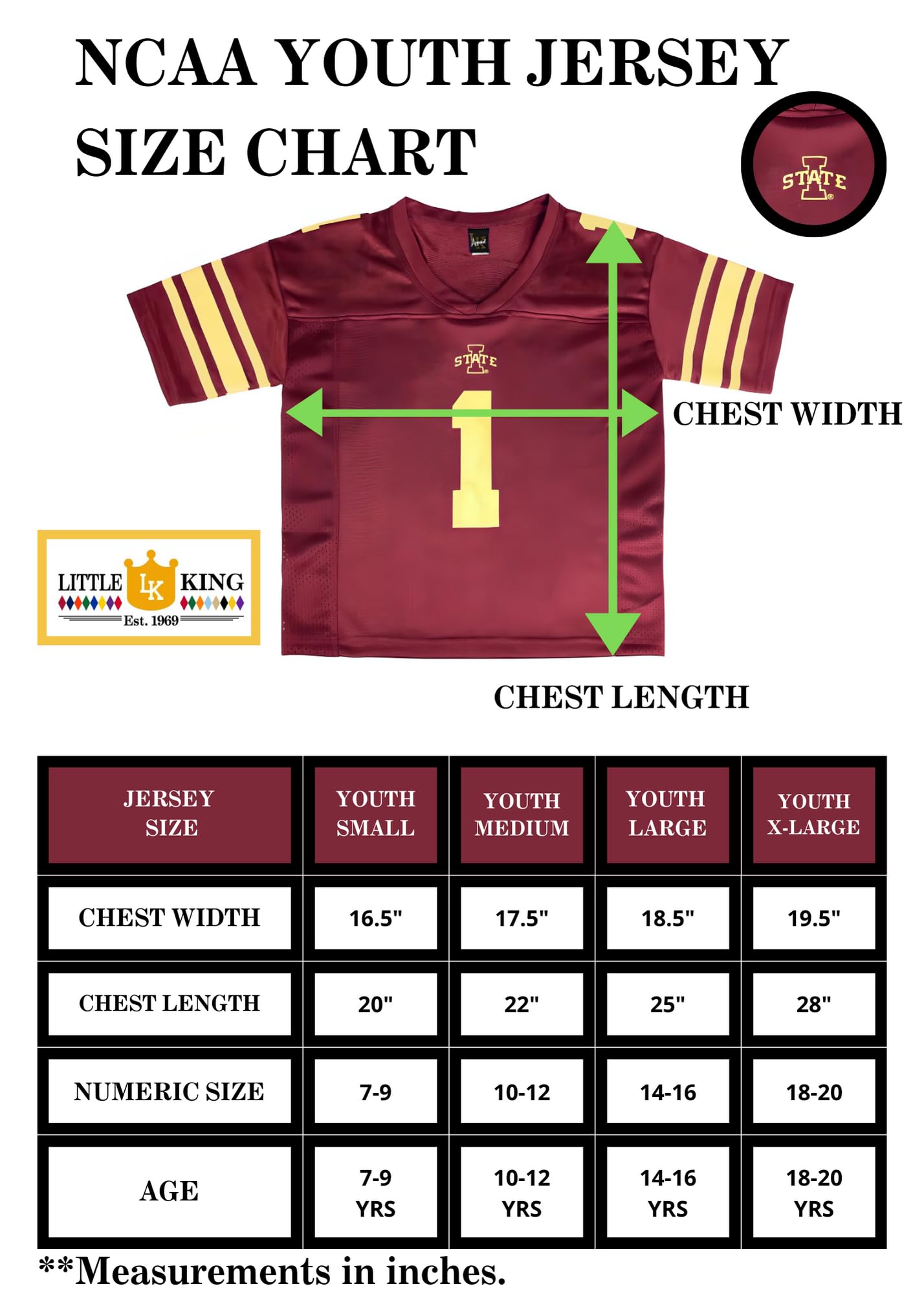 Little King NCAA -Touchdown Pass-Youth Teen Boys Team Football Jersey-Iowa State Cyclones-Cardinal #1-Youth XL