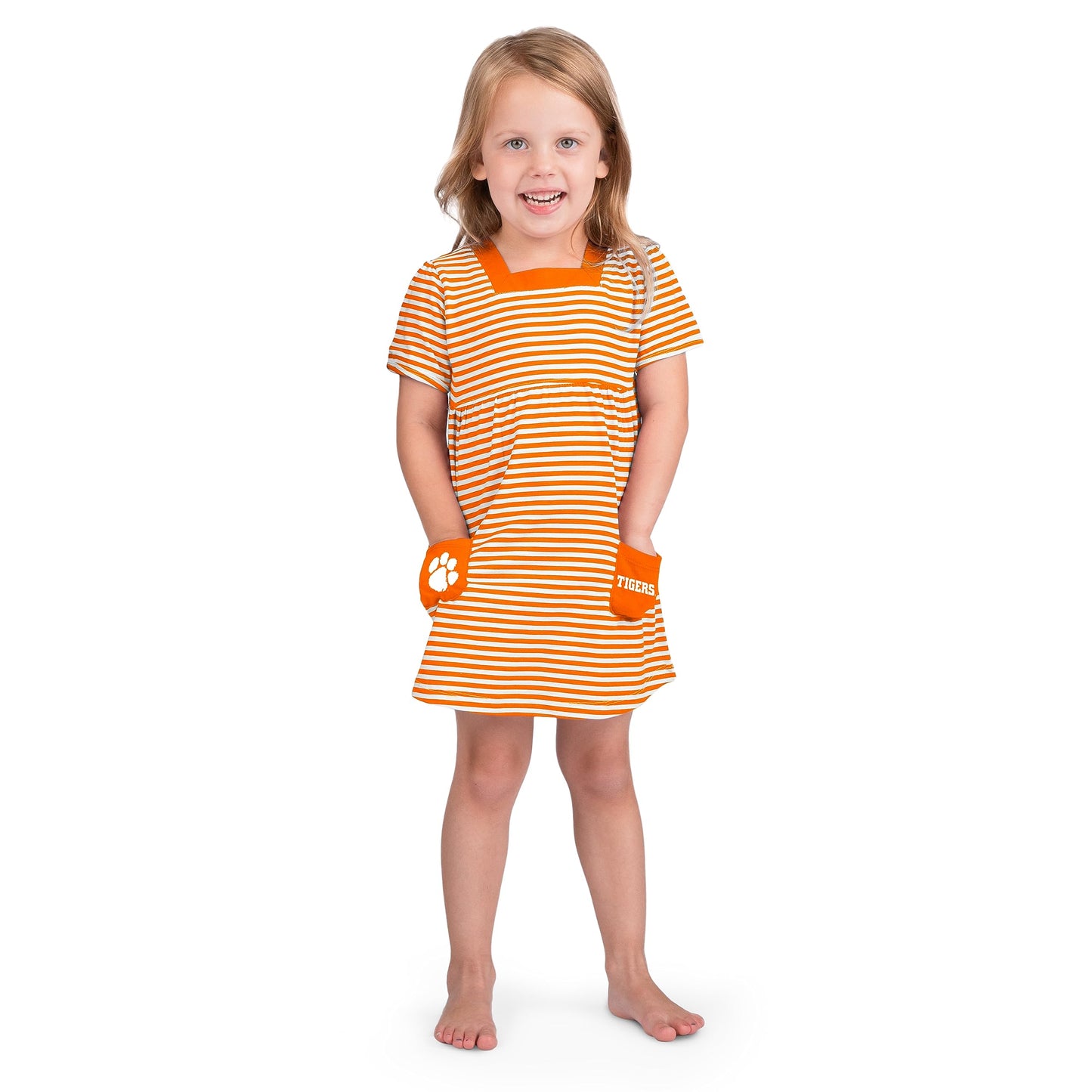 Little King NCAA Toddler Girls Short Sleeve Striped Dress with Pockets-100% Cotton