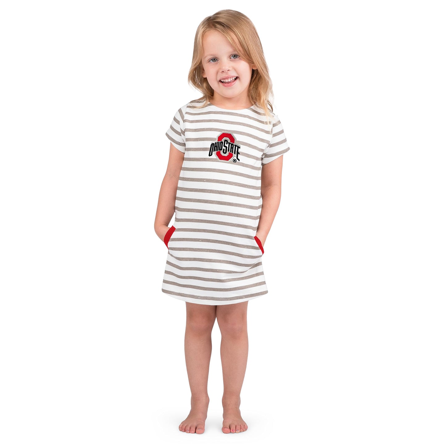 Little King NCAA Toddler Girls Short Sleeve Striped Dress-French Terry with Embroidered Team Logo