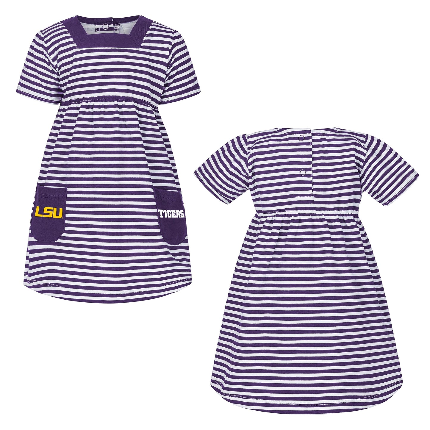 Little King NCAA Infant Girls Short Sleeve Striped Dress with Pockets-100% Cotton