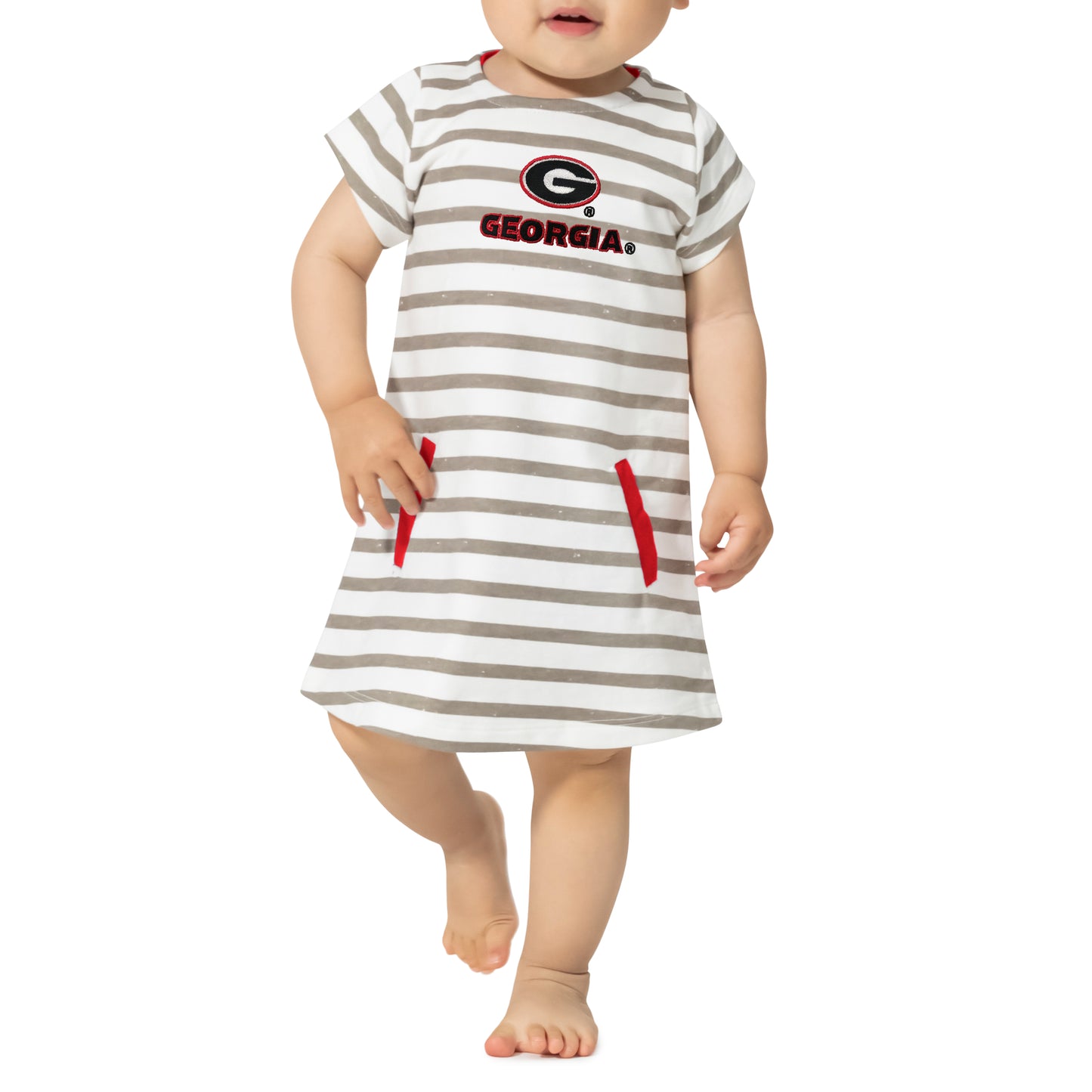 Little King NCAA Infant Girls Short Sleeve Striped Dress-French Terry with Embroidered Team Logo-Sizes 6M. 12M, 18M